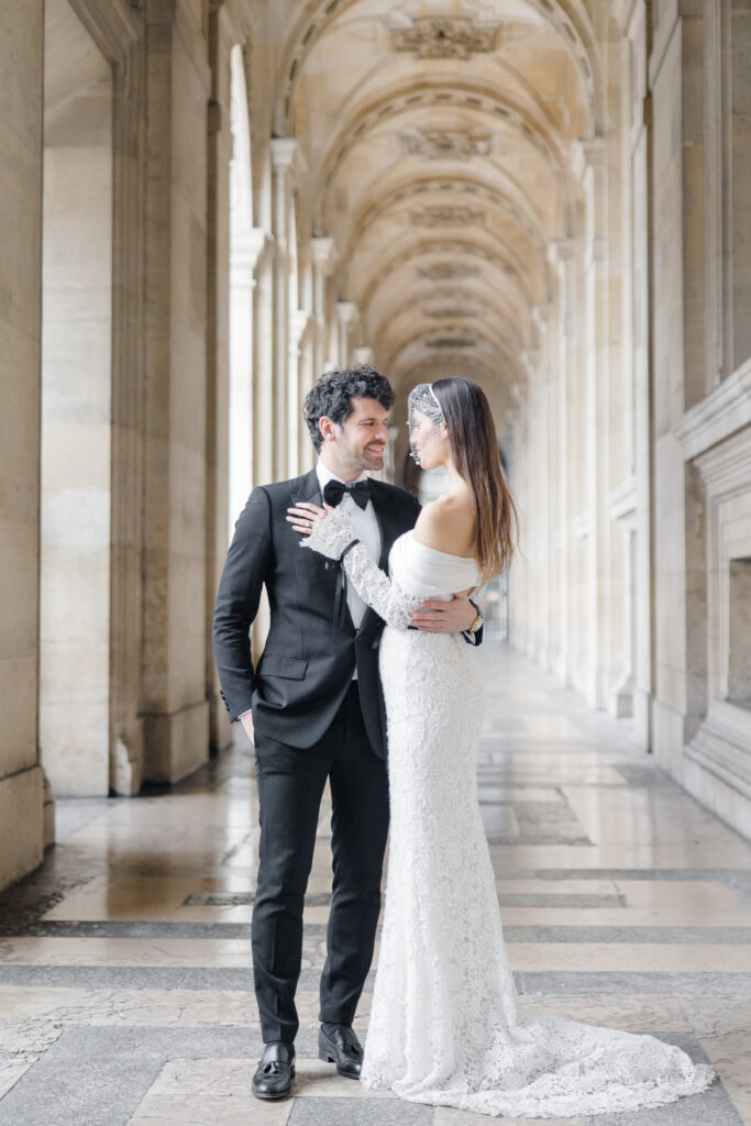 bride and groom portrait at the Louvre during elopement editorial in Paris, France, photographed by Brittany Navin Photography, an Ottawa based destination wedding photographer.