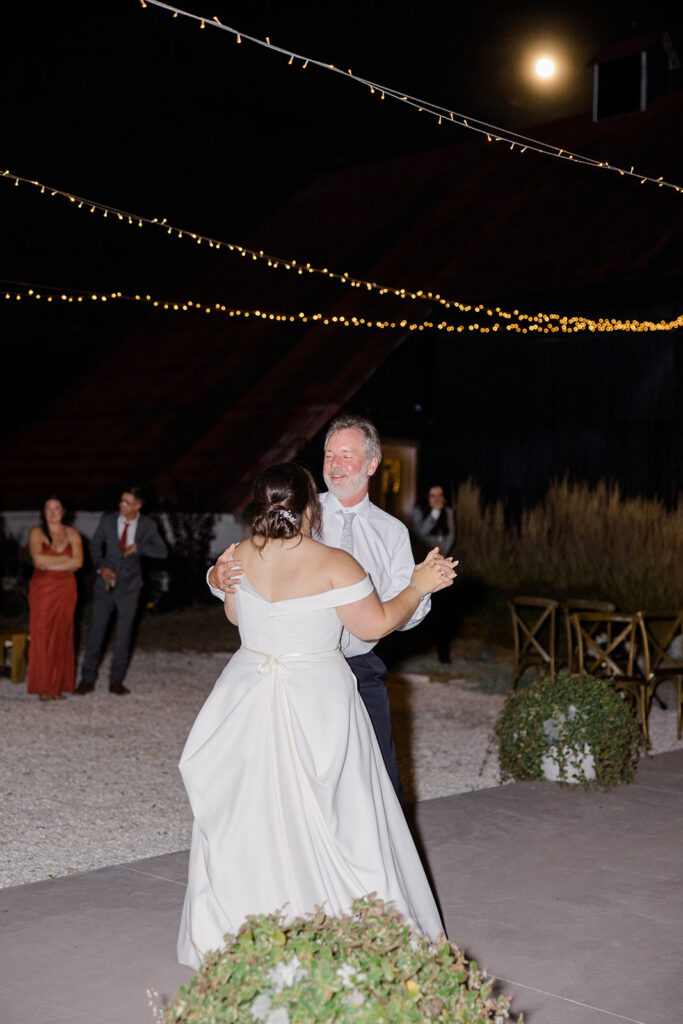 father daughter wedding dance in the moon light at Bleeks and Bergamot wedding in Ashton, Ontario photographed by Ottawa wedding photographer, Brittany Navin Photography