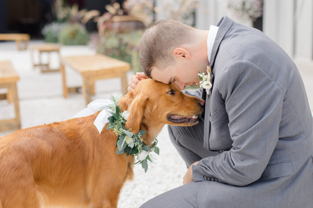groom having a moment with his dog while he gets ready at Bleeks and Bergamot wedding in Ashton, Ontario photographed by Ottawa wedding photographer, Brittany Navin Photography