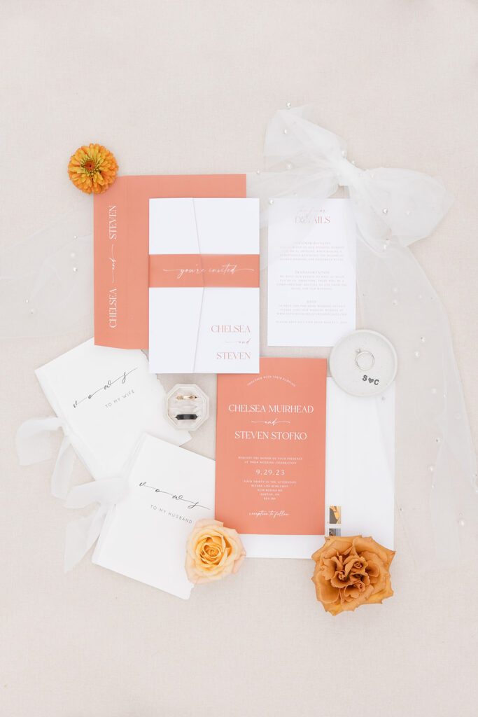 terracotta and white invitation suite for autumn wedding at Bleeks and Bergamot wedding in Ashton, Ontario photographed by Ottawa wedding photographer, Brittany Navin Photography