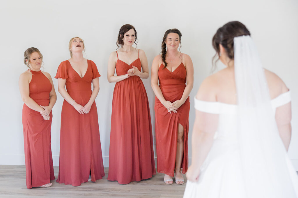 bridesmaids reaction to seeing the bride in her dress at Bleeks and Bergamot wedding in Ashton, Ontario photographed by Ottawa wedding photographer, Brittany Navin Photography