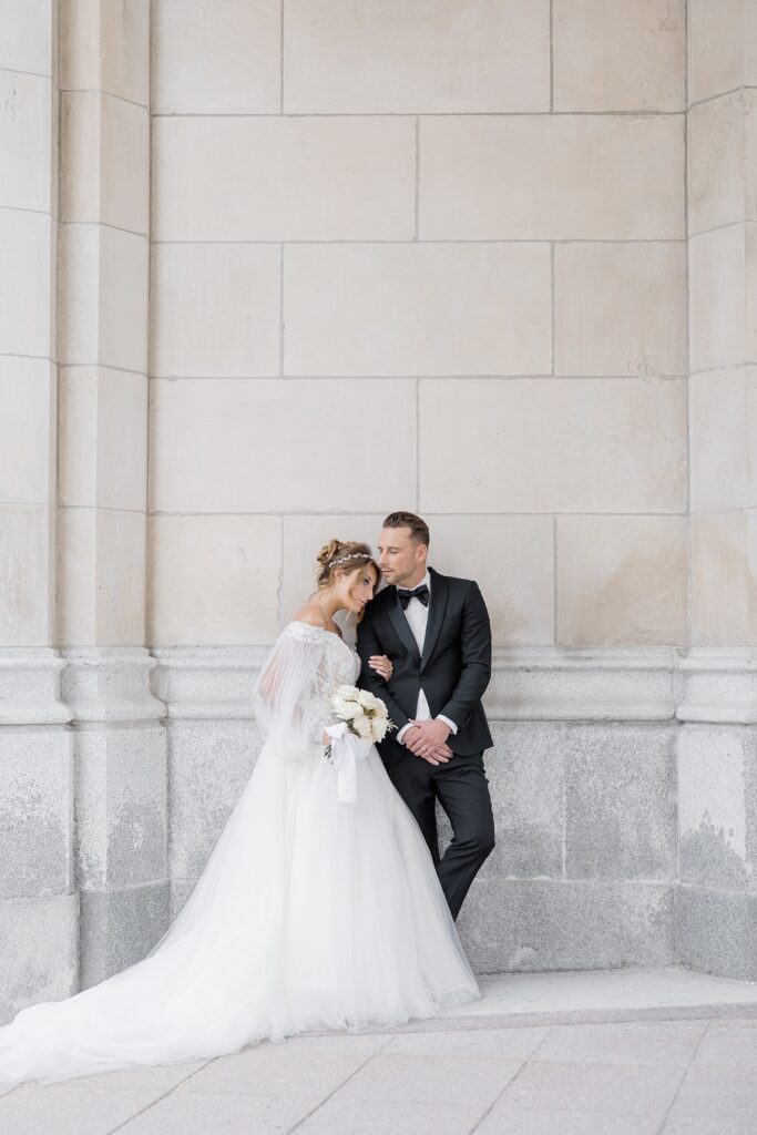 Bride and Groom portraits at Chateau Laurier at Downtown Ottawa Wedding editorial designed and planned by Golden Apple Events and Photographed by Brittany Navin Photography
